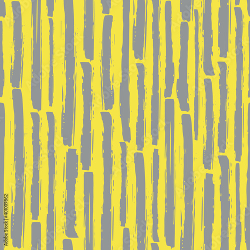Linear geometric broken stripe seamless vector pattern background. Yellow grey coarse painterly brush stroke striped backdrop. Hand drawn vertical interrupted grunge stripes all over print.