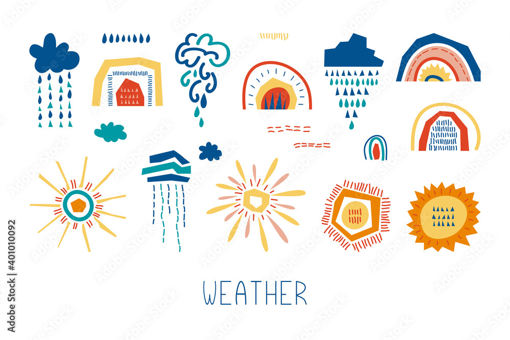 Collection of colorful flat weather elements. Vector abstract clouds, suns, rainbows, raindrops on white background