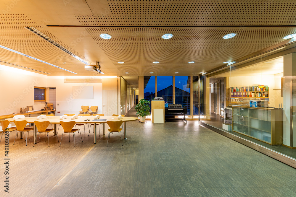 large meeting room in wood office building with acoustic ceiling and sliding glass partition walls large meeting room in wood office building with acoustic ceiling and sliding glass partition walls
