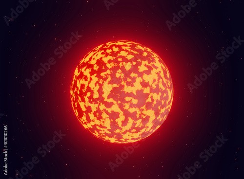 Red dwarf star in cosmos. Space flight to the red star, 3d render