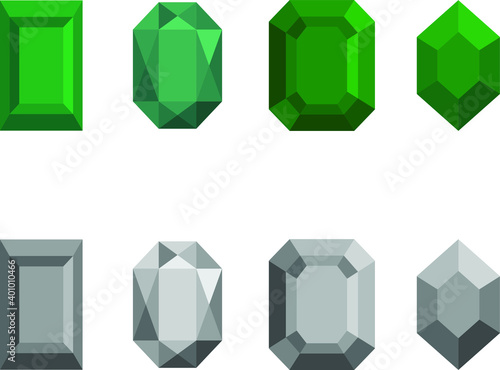Shiny green emerald digital vector icon set illustration and grey version gemstones