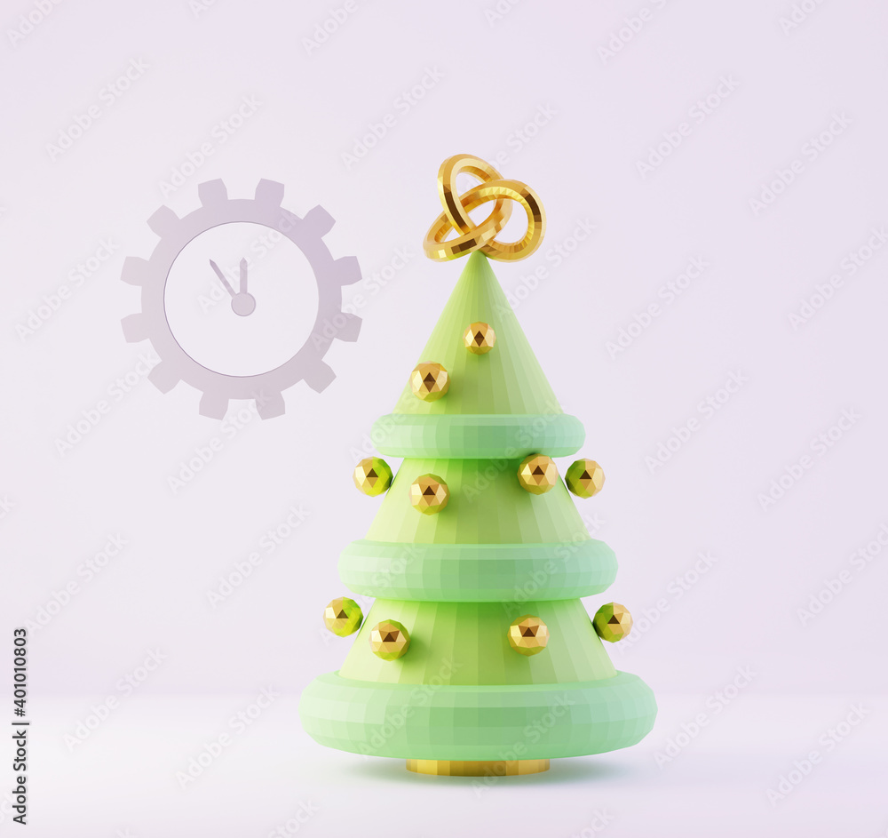 Low Poly Christmas Tree with golden xmas decorations, the clock strikes twelve, 3d render Low Poly Christmas Tree with golden xmas decorations, the clock strikes twelve, 3d render
