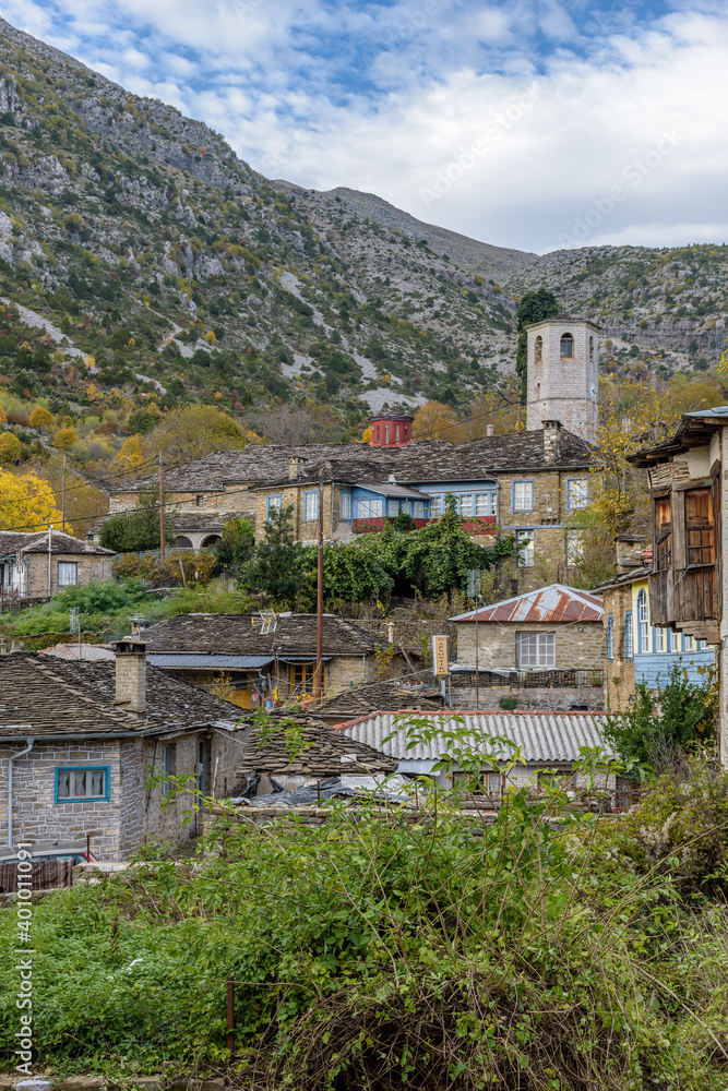The picturesque village of Tsepelovo during fall season with its architectural traditional old stone  buildings located on Tymfi mount, Zagori, Epirus, Greece, Europe