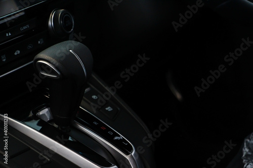 Automatic gear stick inside modern sport car. Driving car concept. Safe driving concept.