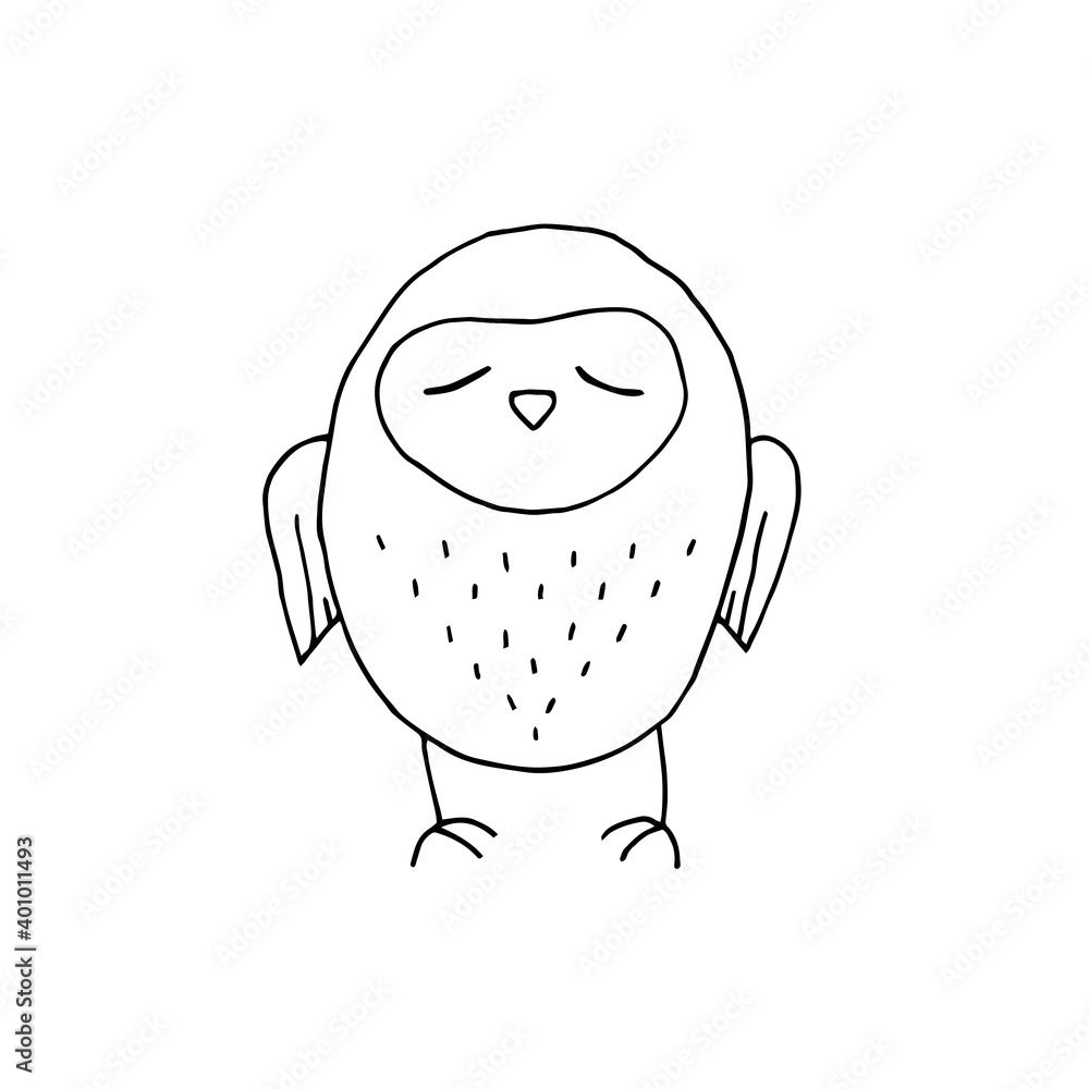 Fototapeta premium Owl with closed eyes. Fatigue. Sleep. Disease. Sadness. Vector hand-drawn doodle illustration. Black and white outline