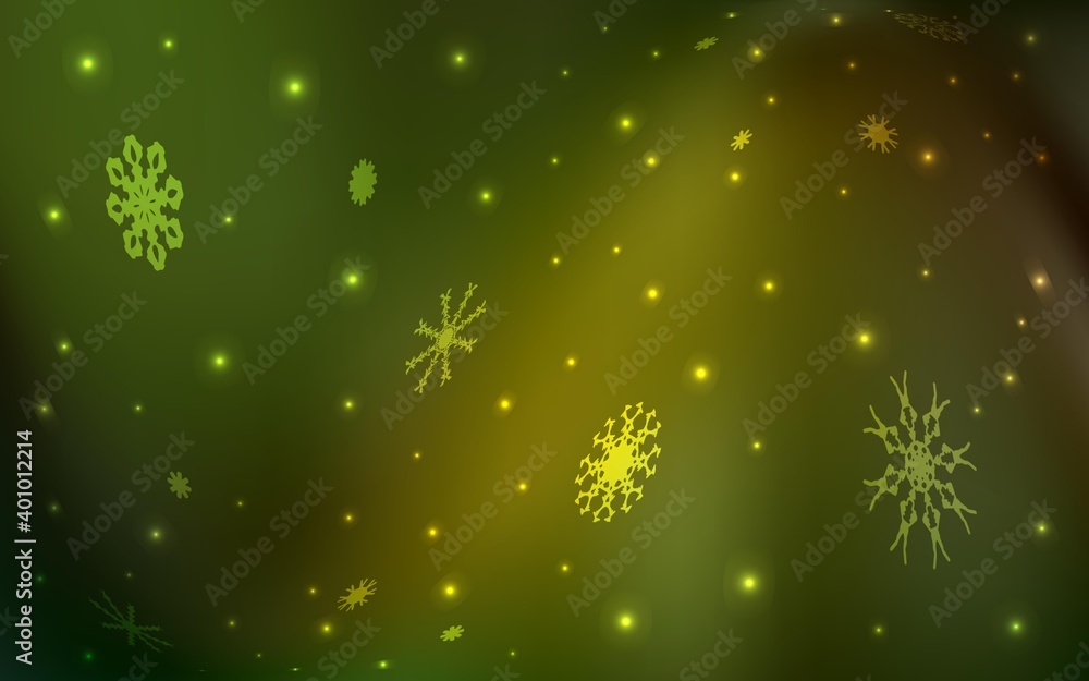 Dark Green, Yellow vector texture with colored snowflakes. Decorative shining illustration with snow on abstract template. The pattern can be used for new year leaflets.