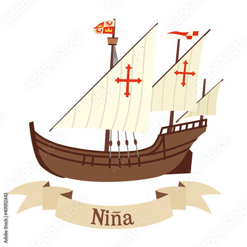 Sailing ship Ninya. Participant of the campaign of Christopher Columbus. Vector graphics. Isolate