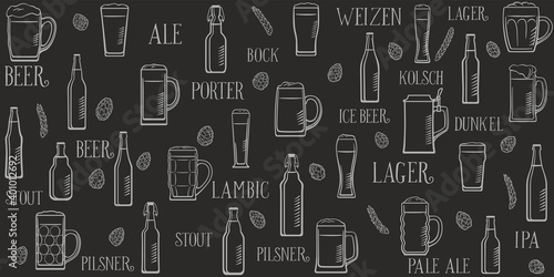 Texture from various beer mugs, glasses and bottles. Beer style lettering. Linear stylish graphics on black background