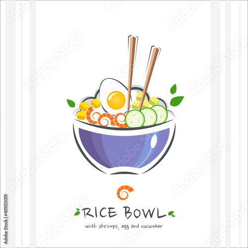 Rice bowl with shrimps, egg and cucumber. Healthy food design template. Illustration with chopstick and poke bowl with rice