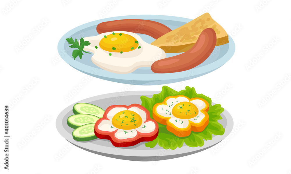 Scrambled Egg with Sausage and Vegetables as Tasty Dishes Served on Plate Vector Set Scrambled Egg with Sausage and Vegetables as Tasty Dishes Served on Plate Vector Set