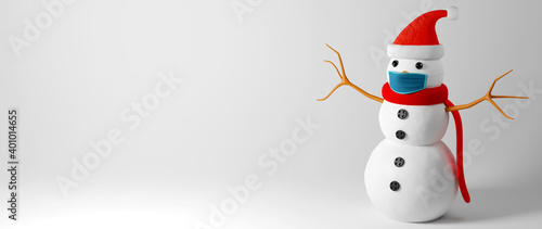 Snowman mask and snow 3d render,in coronavirus pandemic in merry christmas festival holiday.  snowman mask cartoon during quarantine covid for healthty of xmas concept in winter and happy new year.  © Thares2020