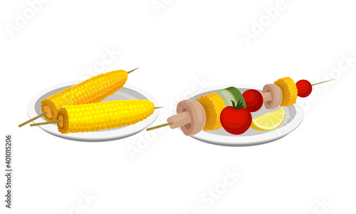 Skewered Corn Cob and Vegetables as Barbeque Food Served on Plate Vector Set