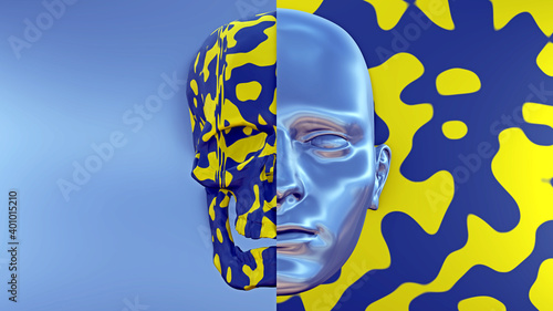 Camouflage - menschlicher Kopf, eine Hälfte in hellem, glänzendem Blau, die andere Hälfte in Camouflage blau und gelb - 3D Rendering photo