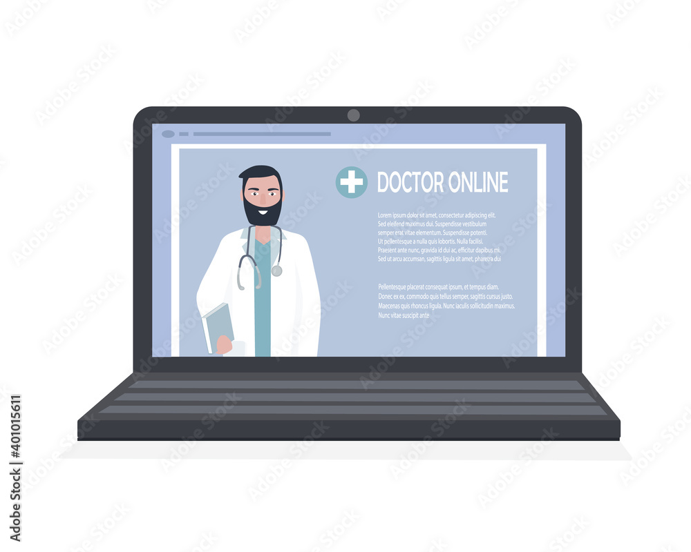A doctor with a stethoscope on a laptop screen talks to a patient online. Medical consultations, exams, treatment, services, health care, conference online. for clinic website, app. Vector flat A doctor with a stethoscope on a laptop screen talks to a patient online. Medical consultations, exams, treatment, services, health care, conference online. for clinic website, app. Vector flat