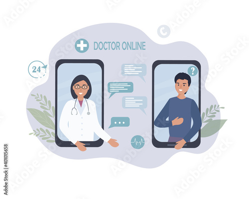 Online medical consultation and care. A person talks to a doctor on a cell phone, using video calls and messenger messages. Telemedicine, remote communication between the patient and the doctor.Vector