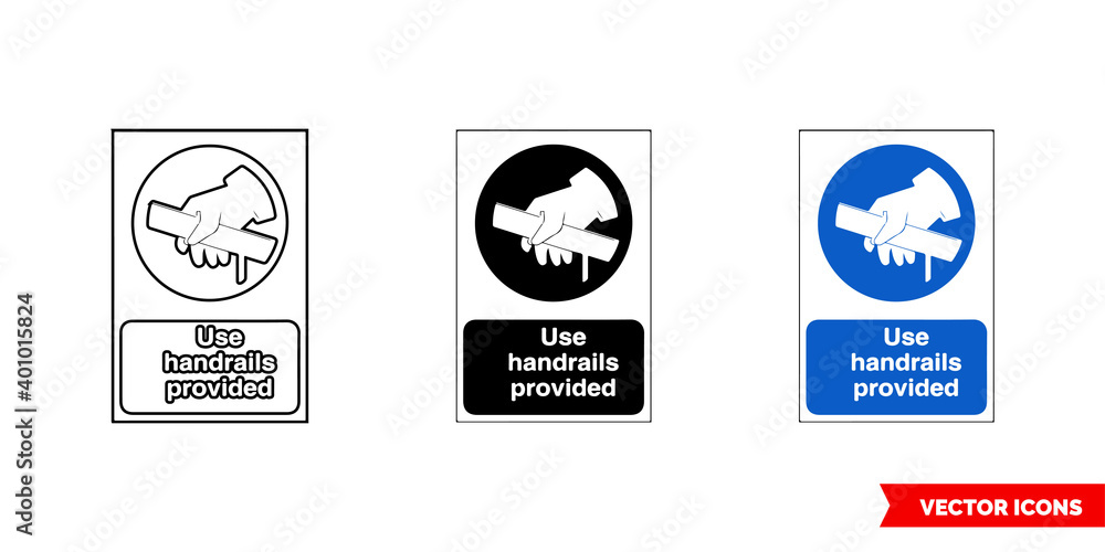 Construction mandatory sign use handrails provided icon of 3 types color, black and white, outline. Isolated vector sign symbol.