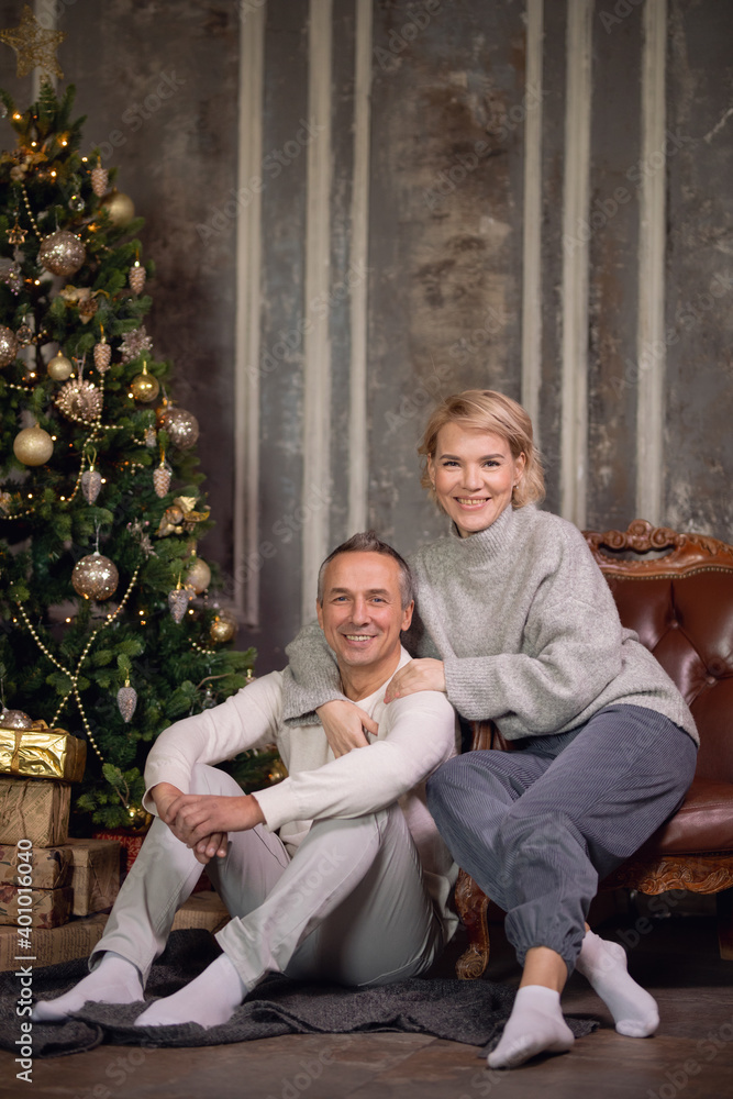 adult beautiful woman and man are sitting on the sofa near the christmas tree adult beautiful woman and man are sitting on the sofa near the christmas tree