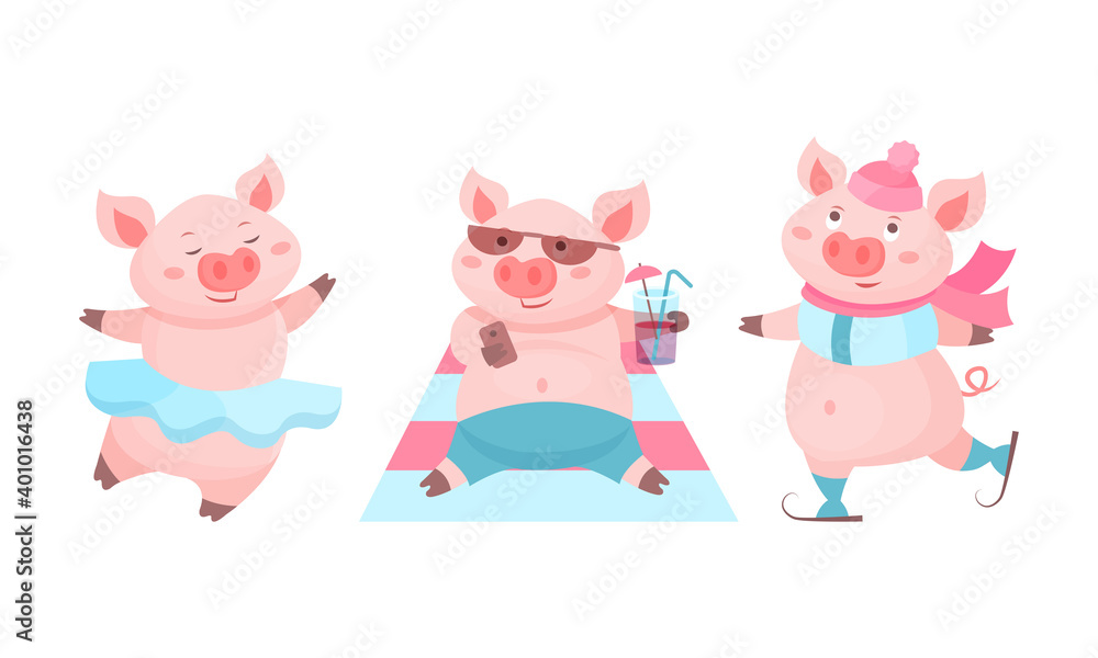 Funny Pink Pig Dancing Ballet and Drinking Cocktail on Seashore Vector Set