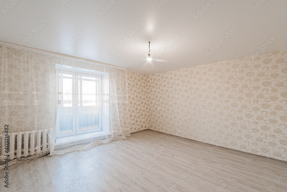 Fototapeta premium Russia, Moscow- April 19, 2020: interior room apartment modern bright cozy atmosphere. general cleaning, home decoration, preparation of house for sale. empty room with renovation