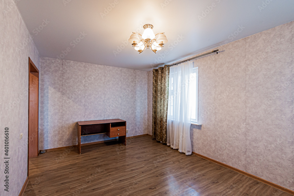 Fototapeta premium Russia, Moscow- April 19, 2020: interior room apartment modern bright cozy atmosphere. general cleaning, home decoration, preparation of house for sale. empty room with renovation