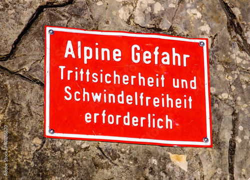 warning sign at the european alps