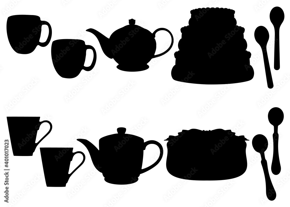 A set of cake, mugs, spoons and teapot.
