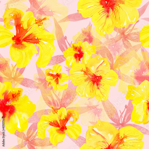 Delicate watercolor flowers seamless pattern. Floral pink background with yellow hibiscus flowers.