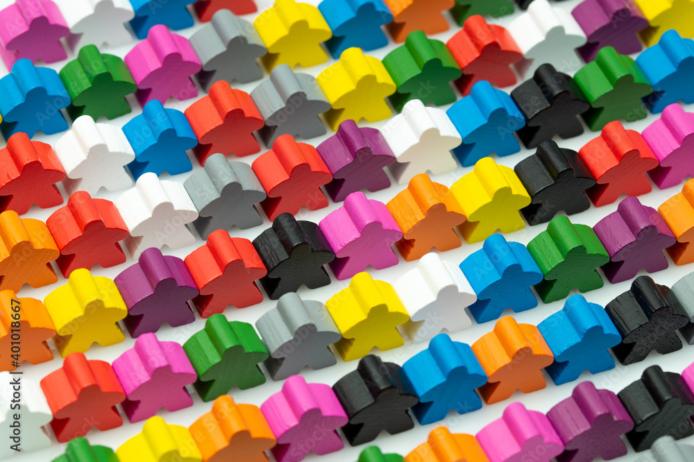 Crowd of color human figures, figurines in a row, waiting in line. Social communication, Social network and teamwork concept Crowd of color human figures, figurines in a row, waiting in line. Social communication, Social network and teamwork concept