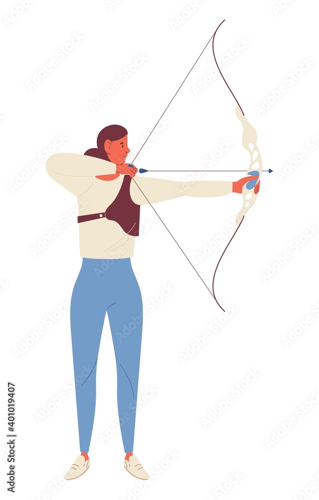Young woman training archery with bow shooting arrows. Concept sport character in static pose ready for shot isolated on white