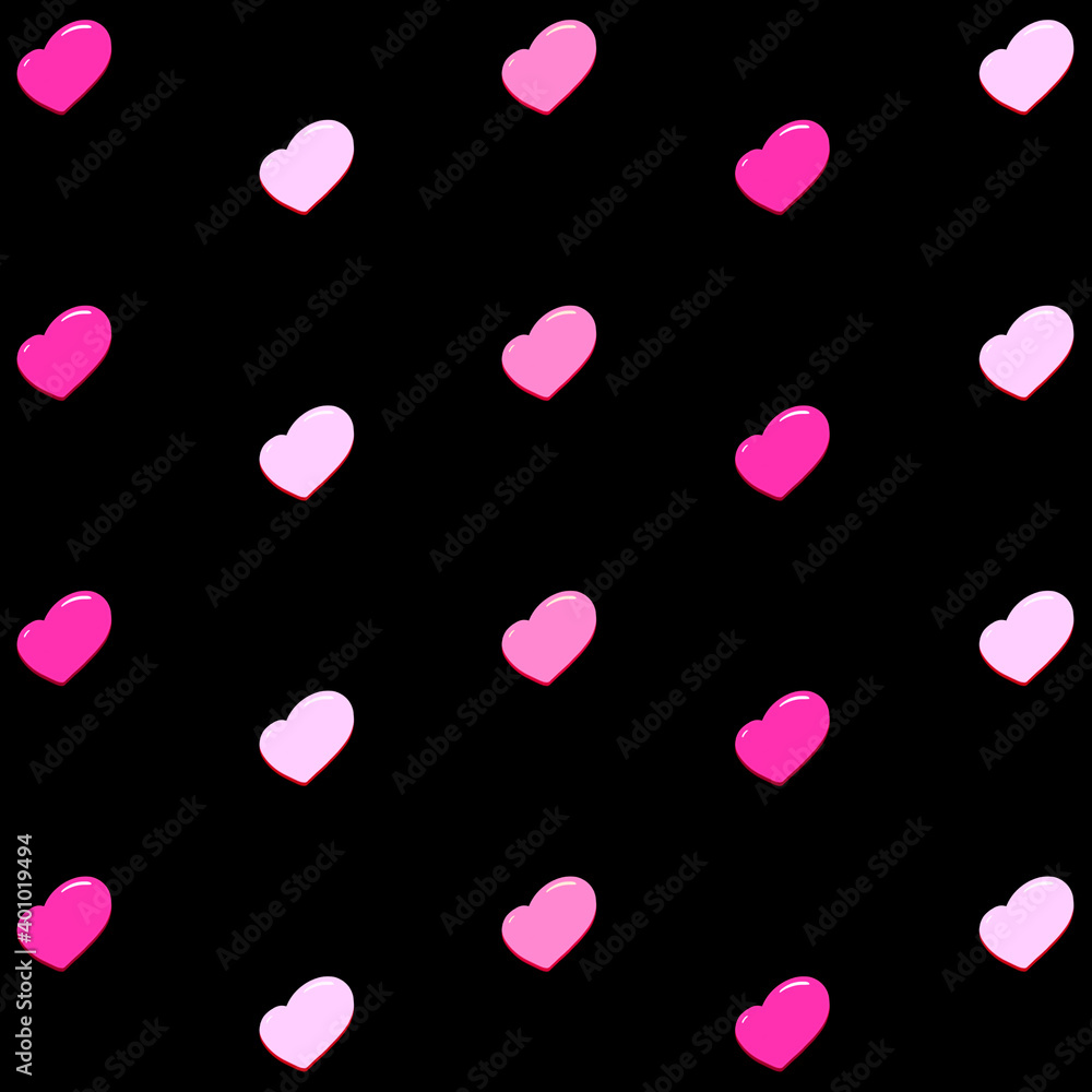 Illustration of red and pink hearts on black background. Festive seamless pattern for Valentine's day. Can be used for postcards design, packages, textile, wallpapers, decorations, stickers and icons.