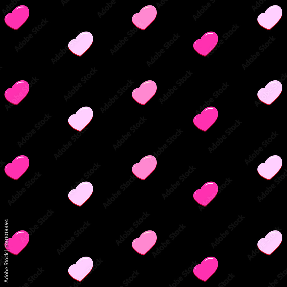 Illustration of red and pink hearts on black background. Festive seamless pattern for Valentine's day. Can be used for postcards design, packages, textile, wallpapers, decorations, stickers and icons. Illustration of red and pink hearts on black background. Festive seamless pattern for Valentine's day. Can be used for postcards design, packages, textile, wallpapers, decorations, stickers and icons.