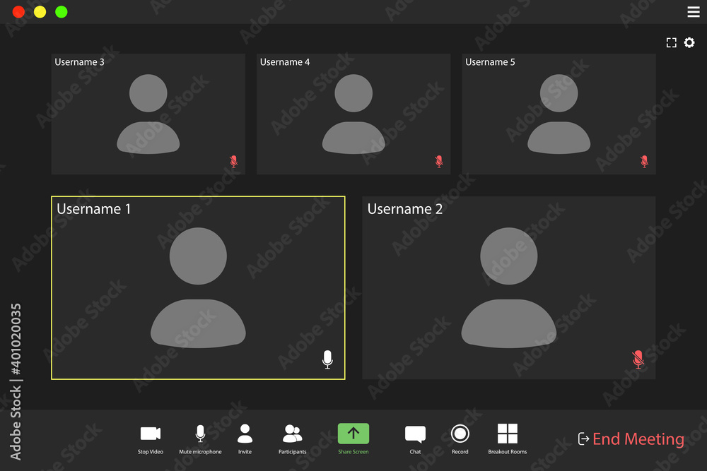 Video conference user interface. Video call screen interface template. Application for social communication. five users. Video conference user interface. Video call screen interface template. Application for social communication. five users.