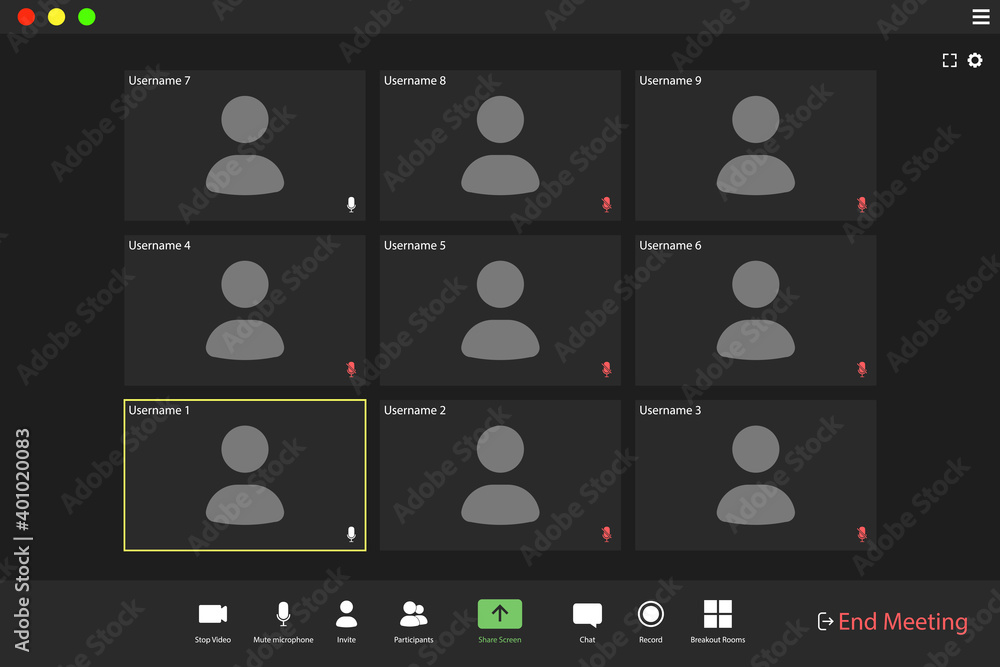 Video conference user interface. Video call screen interface template. Application for social communication. nine users. Video conference user interface. Video call screen interface template. Application for social communication. nine users.