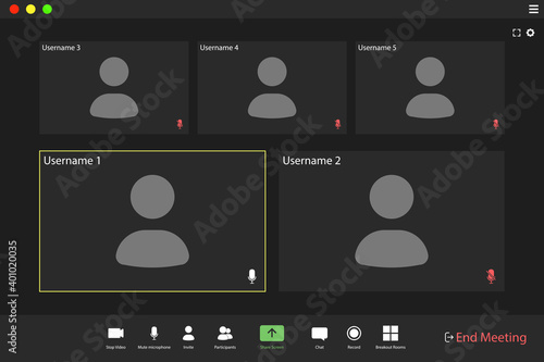 Video conference user interface. Video call screen interface template. Application for social communication. five users.