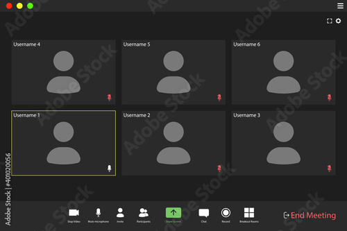 Video conference user interface. Video call screen interface template. Application for social communication. six users.