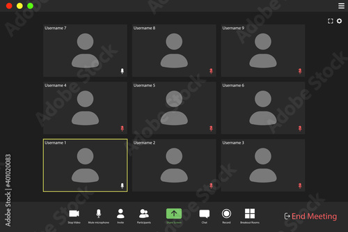 Video conference user interface. Video call screen interface template. Application for social communication. nine users.