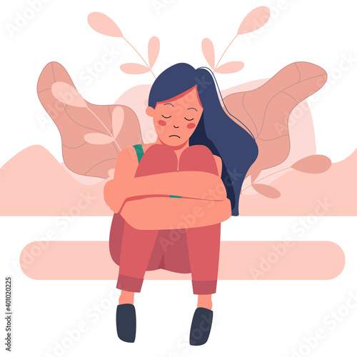 Vector cartoon illustration of sad girl sitting and unhappily hugging her knees. Woman in depression. girl sitting on background of abstract flowers