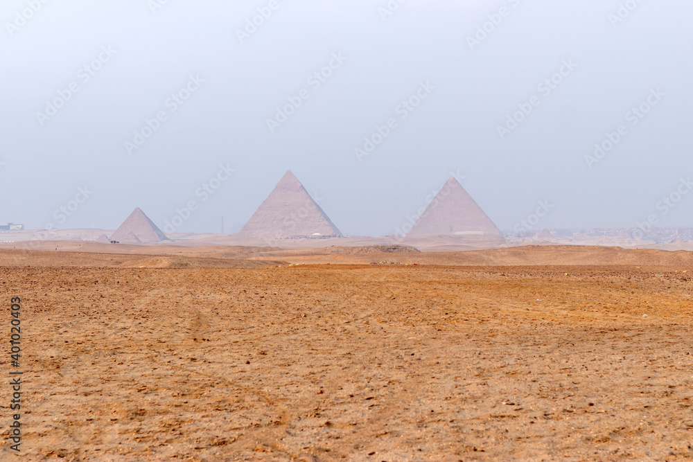 Egypt . Giza . Cairo . general view of three pyramids Menkaure , khafre  , khufu