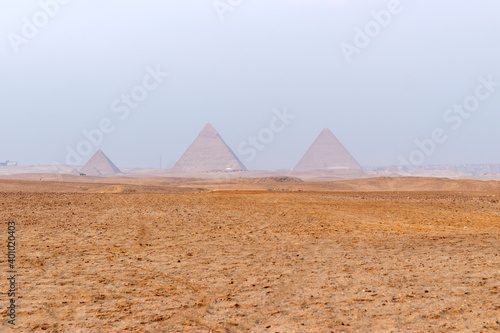 Egypt . Giza . Cairo . general view of three pyramids Menkaure   khafre    khufu