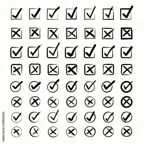 Set of hand drawn check marks, true or false sign icon of black color.