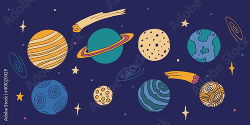 Eight different planets. View from space, stars, flying comet and galaxy. Color illustration for children education, isolated objects on a dark background.