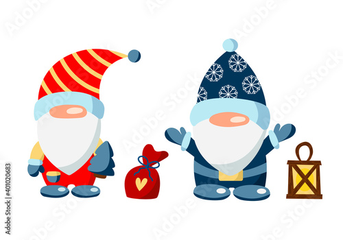 PrintA collection of Christmas gnomes with a flashlight and gifts isolated on a white background. Children's vector illustration for clothing, packaging, gifts photo