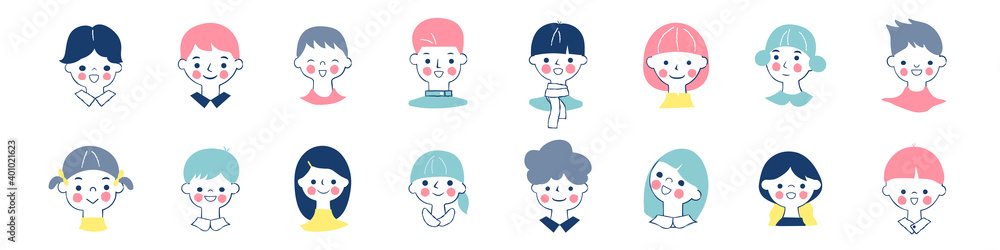 Hand drawn doodle flat vector illustration design set. Child cartoon characters collection. Boy and girl portraits bundle isolated on white. Diverse kid avatars. Relaxing sweet color concept Hand drawn doodle flat vector illustration design set. Child cartoon characters collection. Boy and girl portraits bundle isolated on white. Diverse kid avatars. Relaxing sweet color concept
