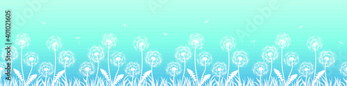 Banner with flowers  dandelions. Silhouette of white dandelions on blue background. Floral print pattern  textile pattern. Seamless vector illustration. White flowers with white grass  flying seeds.