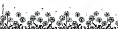 Banner with flowers, dandelions. Silhouette of black dandelions on white background. Floral print pattern, textile pattern. Seamless vector illustration. Black flowers with black grass, flying seeds.