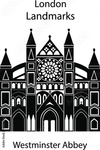 London landmarks in black and white colors. London city illustration,  Westminster Abbey.