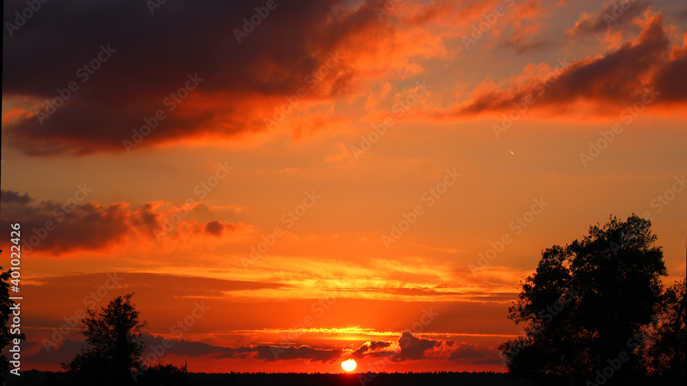 Saturated red sky at sunset sun, scenic panorama with river and clouds

