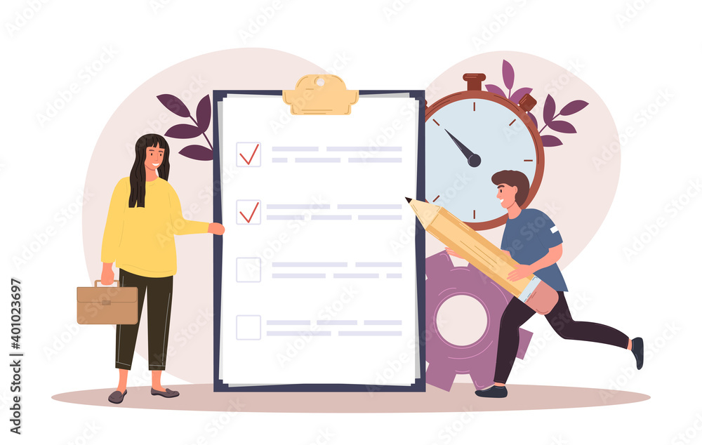 Man from fast service is running with big pencil to be on time. Fast service workers doing their best to be on time. Woman is waiting next to clipboard with marks. Flat cartoon vector illustration