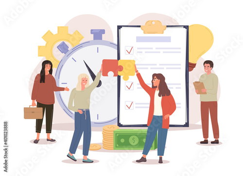 Male and female characters standing next to clipboard and implementing business solutions plan on notepad with check marks. Two women putting the pizzle togother. Flat cartoon vector illustration