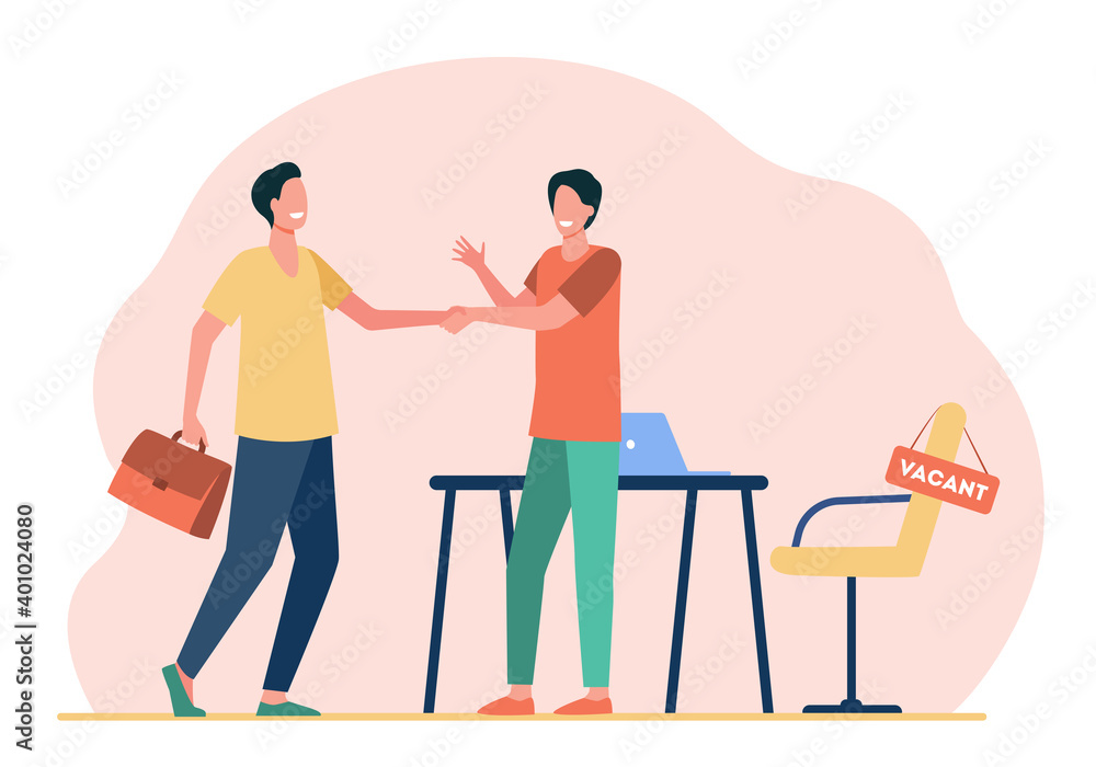 Employer hiring candidate. Men shaking hands at vacant workplace flat vector illustration. Employment, job, career concept for banner, website design or landing web page Employer hiring candidate. Men shaking hands at vacant workplace flat vector illustration. Employment, job, career concept for banner, website design or landing web page